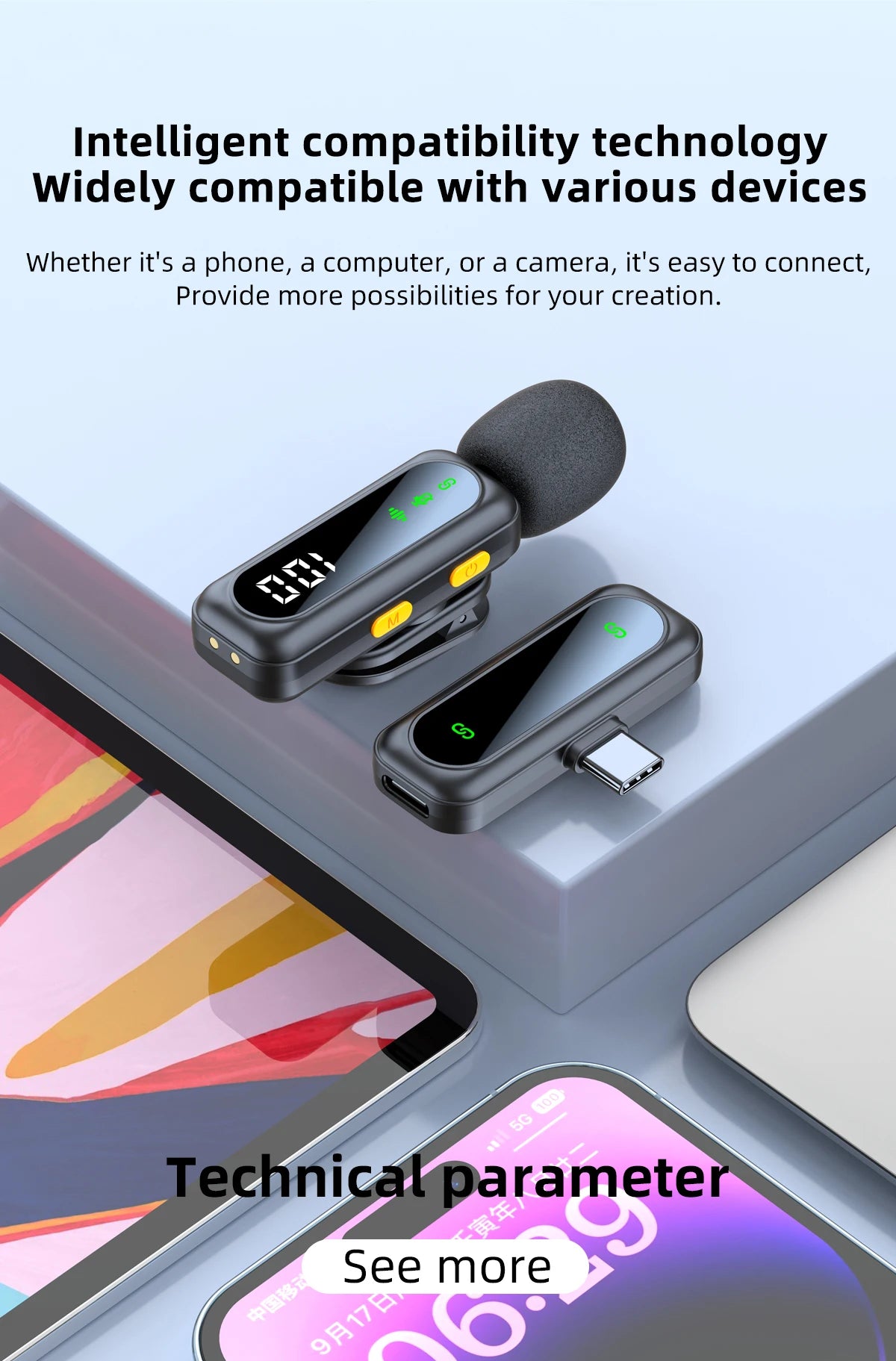 Xiaomi Mijia Wireless Lavalier Lapel Microphone Portable Noise Reduction Audio Recording Type-C for iPhone15-16 Android PC Live
