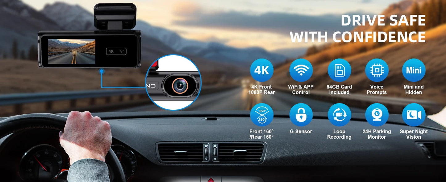 Ultra HD 4K Car Front Dash Cam Mini WIFI DVR Black Box Room With 24H Parking Monitor Night Vision,GPS/Rear View Camera Optional