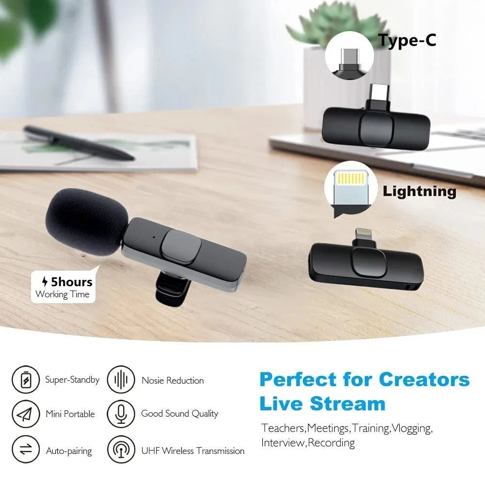 Lavalier Wireless Bluetooth Microphone Portable Audio Video Recording Mini Mic For iPhone Live Broadcast Gaming Phone Type-C